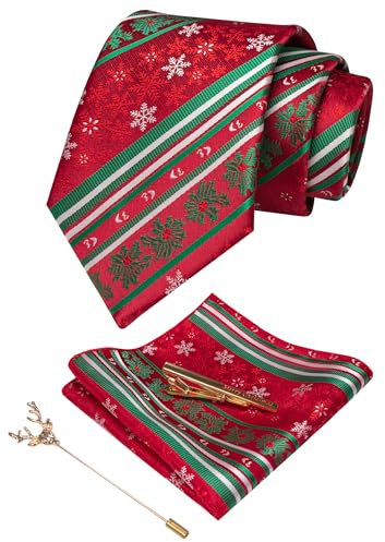 JEMYGINS Herren Weihnachts Krawatte Muster Woven Party Krawatte & Einstecktuch Set Rot Grün gestreift Schneeflocke