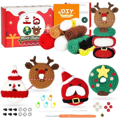 SUNNYCLUE Christmas Crochet Kits Xmas Snowman Elk Santa Claus Crochet Starter Kit Step-By-Step Video Tutorials Instructions Complete Crochet Kit for Beginners Adults DIY Knitting Gift Supplies