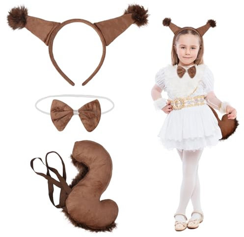 Fennoral 3tlg Eichhörnchen Kostüm Kinder Herbsttiere Kinderkostüm mit Eichhörnchen Stirnband Fliege Schwanz Waldtiere Dschungel Tierkostüm Cosplay Zubehör für Junge Mädchen Halloween Karneval Fasching