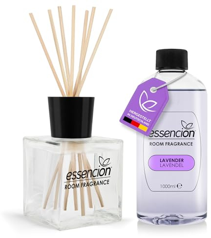 essencion Lavender Raumduft Set – Glas Diffusor + 1000ml Refill– In 14 verlockenden Düften erhältlich (Lavender Set 200ml+1000ml)