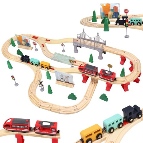 Wooden Train Set 72PCS, Electric Train Sets with Wooden Train Track, Magnetic Train, Bridge Track Railway Kits for Kids Boys Ages 3+ Years Old, Birthday Christmas New Year Gifts for Kids Boys Girls