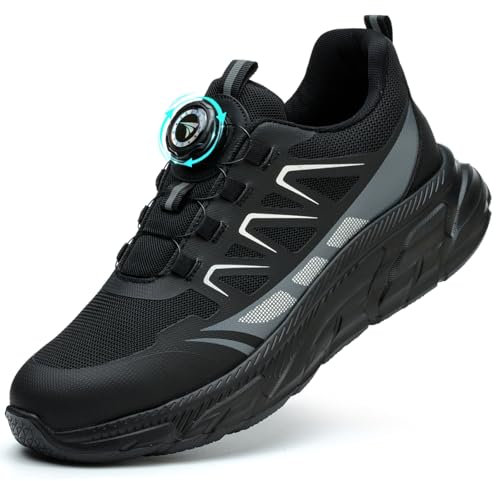 RASEARY Zapatos de Seguridad para Hombre Mujer Ligeros Zapatillas de Seguridad con Punta de Acero Zapatos de Trabajo Zapatillas Trabajo Comodo Antideslizantes,Negro 45 EU