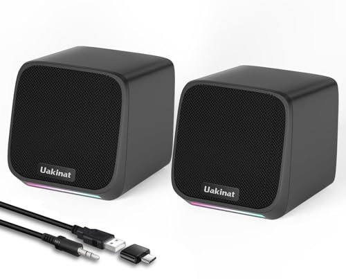 Uakinat Computer Speakers, USB & Aux 3.5mm, Modern Minimalist Silver, 3W, 2.75 Drivers, 18-Month Warranty, Desktop PC, Laptop, Tablet, Phone Speakers