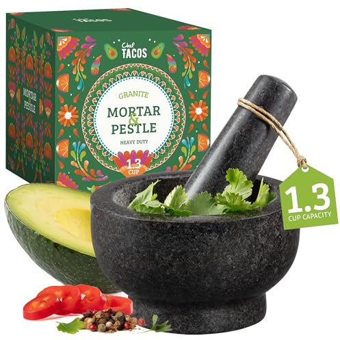 Chef Tacos Mortero Cocina De Granito, Mortero Piedra, 13 Cm, Molcajete Piedra Volcanica, Resistente, Mortero De Piedra Con 1,3 Tazas De Capacidad, Gris