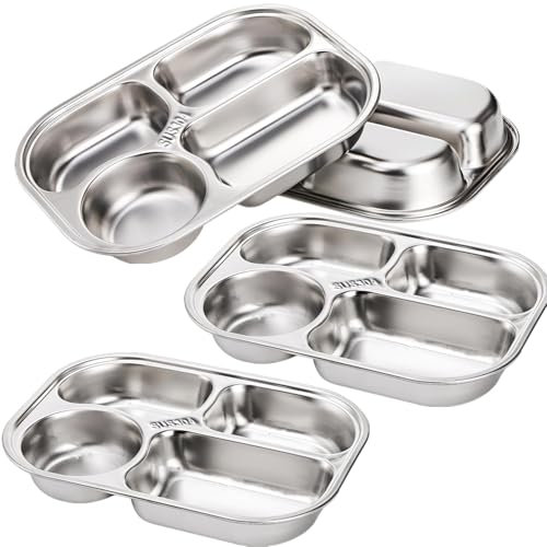 CEZOOWYEX 4 Stück 304 Edelstahl geteilte Teller, 4 Fächer Meal Prep Lunch Tablett mit rutschfestem Boden - Portionskontrolle Spülmaschinenfest Bento Box Lebensmittelbehälter für Erwachsene/Kinder