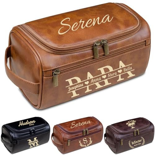 Personalisierte Kulturtasche für Herren Benutzerdefinierte Leder Reise Kulturbeutel Herren zum Aufhängen mit Graviertem Anfangsbuchstaben/Name Vatertag/Geburtstagsgeschenk für Papa, Männer (A-1)