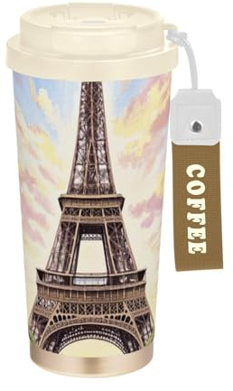 Amooorous Romantic Parisian Iron Tower with Flowers Pink Decorative Travel Coffe Tumbler With Lids Coffee Travel Mug For Women Stainless Steel Thermal Coffee Cups For Hot Cold Drinks 17 oz Spill
