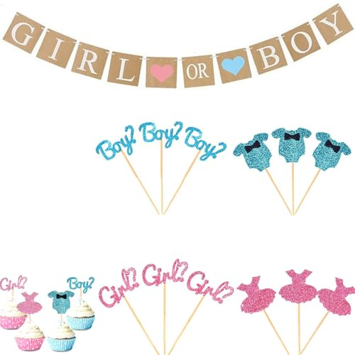 Gender Reveal Party Deko Set, 12 Stück Boy&Girl Cupcake Toppers und 1 Stück Girl or Boy Babyshower Banner, Babyparty Girlande Tortendeko Glitter, Baby Party Dekoration für Baby Shower