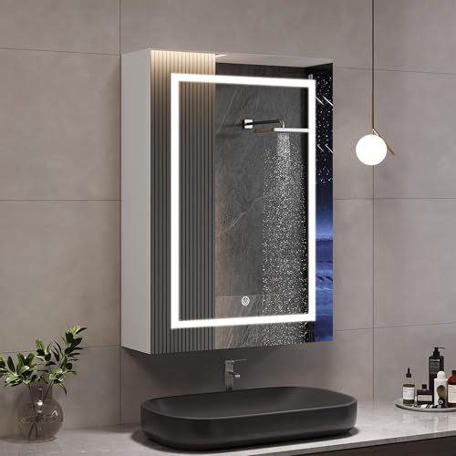 Espejo de baño con iluminación, armario de baño de una puerta con luz y estantes ajustables, armario de baño, 70x50cm, espejo LED, IP54 a prueba de agua, control táctil, espejo de pared (blanco-una