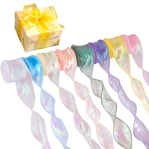8 Rollen Chiffonband Schimmernde, 4cm x 9m Organzaband,Seidenband,Eine Vielzahl von Farben, Geeignet für Geschenkverpackungen und Dekorationen, Kunsthandwerk, Geschenke und Hochzeitsdekorationen