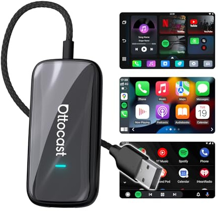 [2025 New Model] OTTOCAST Wireless CarPlay & Android Auto Adapter, 3 in 1 AI Box Play2Video Ultra, Watch Netflix/YouTube in Car, Plug & Play, Low Latency, Upgrades Wired to Wireless