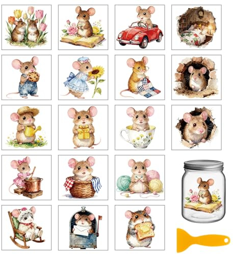 GLOBLELAND 18 Blatt Cartoon Maus Transferaufkleber 3.9x3.6 Zoll süße Maus zum Aufreiben Transferaufkleber bunter Aufkleber für Möbel Vasen Glas Einmachgläser Dekorationen Kunsthandwerk