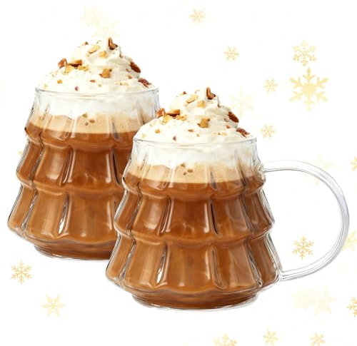 Latte Macchiato Gläser Weihnachten, Weihnachtsgläser 350ml, Gläser mit Deckel und Strohhalm, Kaffeegläser Teegläser mit Henkel, Weihnachtsbecher Glühweingläser,Weihnachtsglas Weihnachtsgeschenke (A*2)