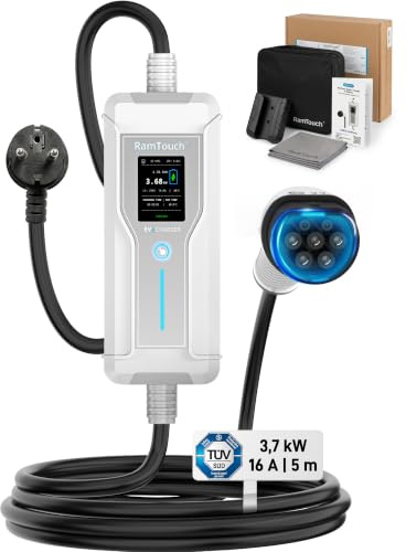 RamTouch Portable EV Charger (3 kW, 13 A, 5 m, UK 3-Pin Plug to Type 2) | 1-Phase | 6 A – 13 A | IP67 | Timer & Delay Start | 2.4 LCD | AC/DC RCD | Mode 2 Granny Charging Cable | For EVs & PHEVs