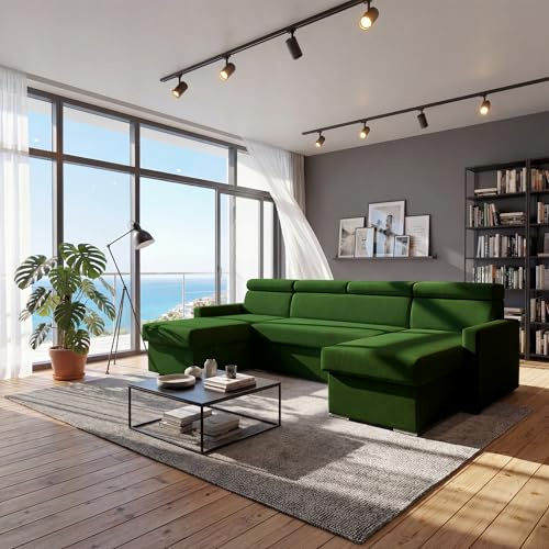 SOFILAND Vega U Ecksofa nach Maß | Breite anpassbar | Schlaffunktion 2 Bettkasten U-Form verstellbare Kopfstützen Samt-Stoff Best 305x151 cm (Flaschengrün)