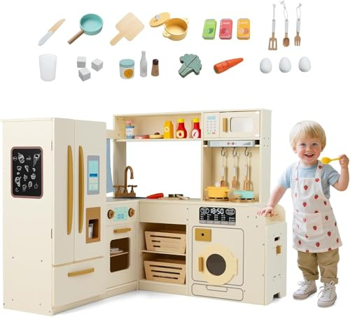 GOPLUS Kinderküche, Spielküche mit Licht und Sound, Eck-Küche mit Kühlschrank, Ofen, Herd, Mülleimer, Mikrowelle, Waschmaschine & 22 Zubehör, Kinderspielküche für Mädchen & Jungen ab 3 Jahren, Beige