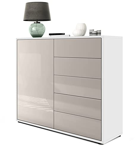 Vladon Sideboard Ben V2, Made in Germany, Kommode mit 1 Tür und 5 Schubladen, Weiß matt/Sandgrau Hochglanz (79 x 74 x 36 cm)
