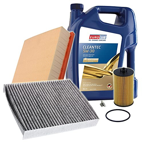 BESTPRICE Inspektionspaket Filterset mit 1x Ölfilter; 1x Luftfilter; 1x Innenraumfilter (Aktivkohle); 1x Ölablassschraube mit Dichtring; 1x Motoröl 5W-30 EUROLUB CLEANTEC SAE 5 l