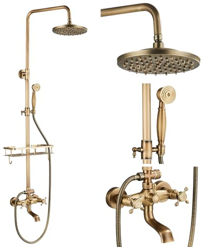 Retro Cascada Grifo de la Ducha Tina Latón Antiguo Kit con Soporte Extensible (100-135 cm) 3 Salidas 8 Cabezal de ducha superior + ducha de mano + bañera