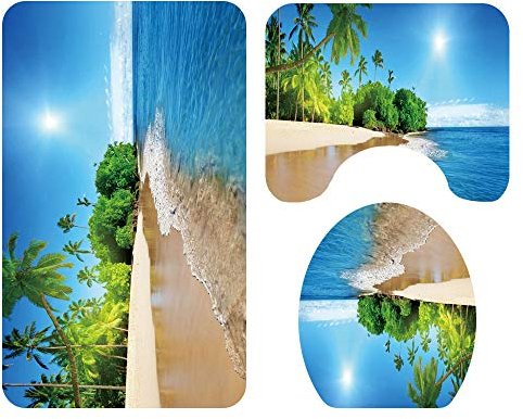 3-teiliges Badvorleger-Set Duschmatte + Konturmatte + WC-Deckelbezug, Morbuy Weihnachtsmann rutschfeste Badvorleger für Küche, Naturlandschaftsdruck (Strand)