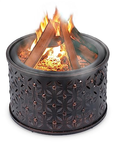 LIVIVO 'Rombo' Fire Pit Brazier with Mesh Spark Guard, BBQ Grill Insert and Metal Fire Poker/Iron