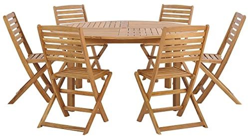 Beliani Gartenmöbel Set hellbraunes Akazienholz Tisch rund 150 cm mit 6 Stühlen Tolve