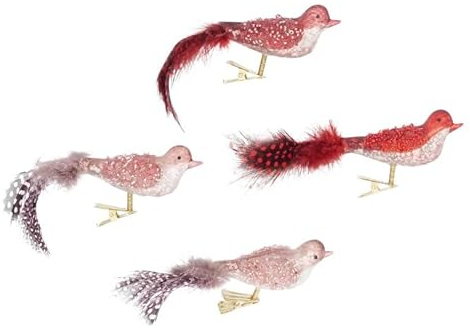4 STK Glas Vogel an Klammer GLASVOGEL 9cm groß Christbaumschmuck b357 Vögelchen Glashänger Anhänger Christbaumkugeln rot Weiss Baumschmuck