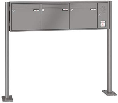 RENZ/Quadra / 3er Freistehende Briefkastenanlage Standbriefkasten mit Sprechfeld/RAL-Farbe 9007 Volumen 1/mit Fußplatten/Dein-Briefkasten.de
