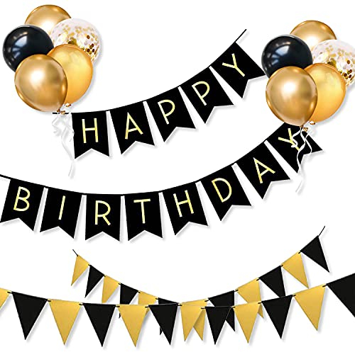 Happy Birthday Decorations Kit with Black Gold Happy Birthday Banner, Triangle Flag Bunting Banner and Confetti Latex Balloons for Men Women Girls and Boys Party Decoration Birthday Party Supplies