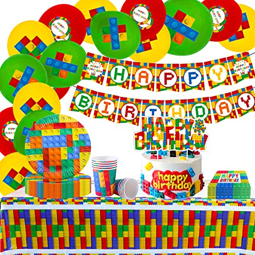 JeVenis building block party décoration building block anniversaire bannière building block nappe building block party assiettes bloc de construction ballons décoration de gâteau d'anniversaire