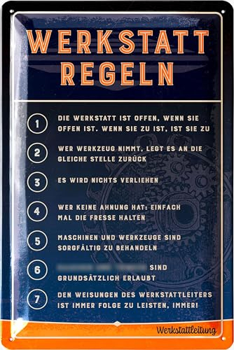 LANOLU Retro Blechschild Werkstatt Schild - lustige Werkstattregeln für Männer mit den 7 wichtigsten Regeln für die Werkstatt - KFZ Mechaniker Geschenk - vintage Deko Metallschild 20x30cm