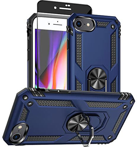 Aozuoton iPhone SE 2022/2020, 8/7 Case With HD Screen Protector - Military Grade 16ft. Drop Tested Ring Shockproof Protective Phone Cover, Blue