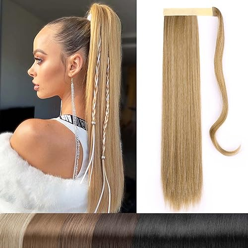 Langer gerader Pferdeschwanz-Verlängerung Magic Paste-Pferdeschwanz-Verlängerung Wrap Around 22 Zoll (58cm) Synthetik-Haarteil – Dunkelblond-Mix Bleach Blonde M27/613# 110 Gramm