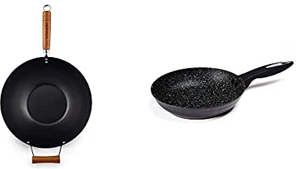 Ken Hom Classic Wok - 35 cm / 14 inches, lightweight carbon steel, non-stick wok with two wooden handles, hand wash only, in black