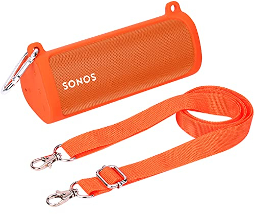 Khanka Silicone Case Compatible with Sonos Roam 2 / Sonos Roam/Sonos Roam SL Portable Waterproof Bluetooth Speaker,with Shoulder Strap and Carabiner,Orange,Case Only