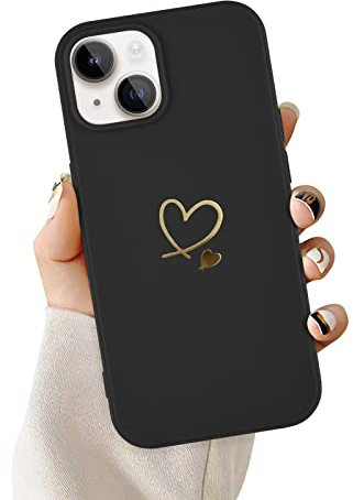 Newseego Compatible with iPhone 14 Case Cute Gold Love Heart Pattern Design Phone Cover for Girls Women Slim Liquid Silicone Shockproof Anti Fingerprint Protective Case for iPhone 14-Black