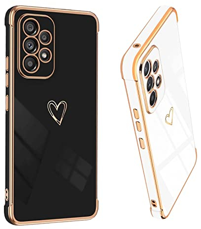 DSOIYIC 2 Stück für Samsung Galaxy A53 5G Hülle Herz, Handyhülle Samsung A53 5G Mädchen Liebeherz Galvanisierte Schutzhülle Weich TPU Stoßfest Case Dünn mit Kameraschutz - Schwarz & Weiß
