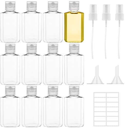Ysimple 12 Pièces Flacons Vide de Voyage - Bouteille Contenant Plastique 60ml, Vides Petit Flacon Transparent, Ensemble Flacon Spray Vide Avec Arroseur, Entonnoir, Étiquette pour Les Voyages en Avion