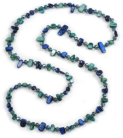 Avalaya Inky Blue/Teal Shell Nugget and Cobalt Blue Glass Bead Long Necklace - 115cm L