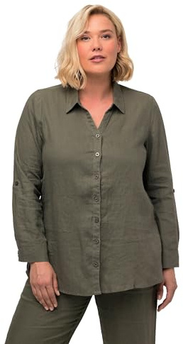 Ulla Popken Damen große Größen Übergrößen Plus Size Bluse, Leinen, offener Kragen, Langarm 794882