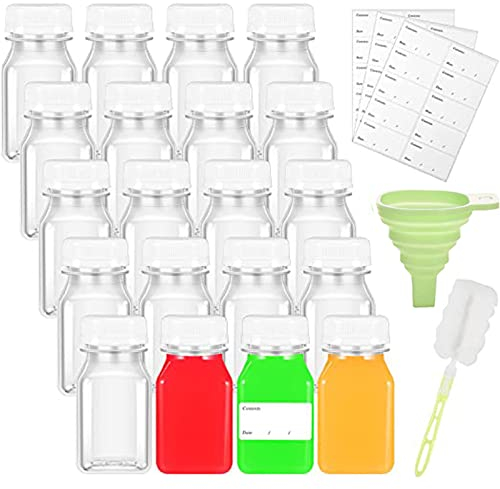 Yoosso 20 Pack 4oz/120ml Plastic Juice Bottles with Pouring Funnel and Brush, Reusable Shot Bottles with Lids for Storing Juices, Water and Other Homemade Beverages