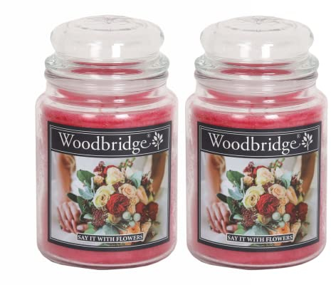 Woodbridge Duftkerze im Glas mit Deckel | 2er Set Say it with Flowers | Duftkerze Rose | Kerzen Lange Brenndauer (130h) | Duftkerze groß | Kerzen Rot (565g)