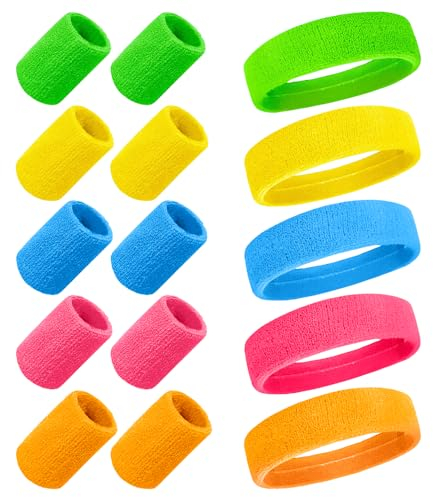 Riisoyu Schweissband Set 80er, 15 Stück Neon Schweißband 80er Jahre Accessoires Sport Stirnband Armband Set Bunt Damen Sport Armband Absorbierende Schweißbänder