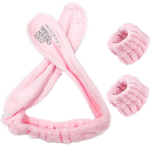1 Stück Hasenohren-Stirnband, 2 Stück Handgelenkbänder, Make-up-Stirnband für Frauen, verstellbares Flanell-Stirnband, süße Kopfbedeckung, Geeignet zum Waschen des Gesichts, Make-up, Duschen (rosa)