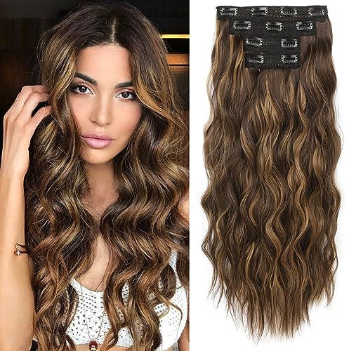 REECHO Clip in Extensions, 4PC Hair Extensions Clip in Haarverlängerungen 60 cm Dicke Lange Strandwellen Haarteile Unsichtbare Spitze Natürliche weiche Haarteile - Dunkelbraun mit Strähnchen