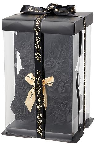GreatGift® - Orso di rose nere 25 cm + 75 petali di rosa - in confezione di lusso -Rose Bear - Nero - Regalo romantico - San Valentino - Regalo per lei (Nero)