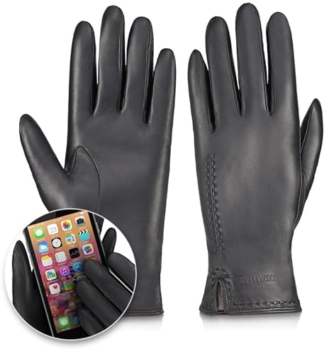 BETLEWSKI - Damen Handschuhe aus Schafsleder gefüttert - Warme Winter Lederhandschuhe für Damen in Schwarz mit Wollfutter - Winterhandschuhe für Touchscreens - Modell Scarlett iTouch - L