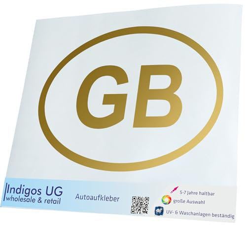 INDIGOS UG Auto Aufkleber Auto - 200x138 mm - Großbritannien GB - Gold - Selbstklebender Sticker für Auto, Fenster, Bus oder LKW