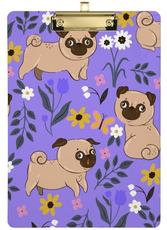 Klemmbrett für Künstler, Motiv: Mops, Blumen, Violett, modernes Klemmbrett, für Lehrer