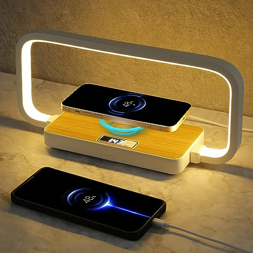 Weinsamkeit Nachttischlampe mit Ladefunktion, Tischlampe mit Kabelloser Ladefunktion und USB, Dimmbare Nachttischlampe mit Uhr Tischlampen 3 Stufige Helligkeit, Holz&Weiß